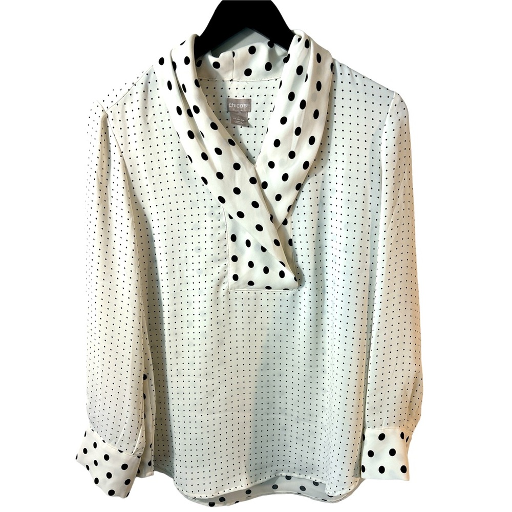Chico's semi-sheer polka top long sleeve blouse size 1 Medium Career White /bl